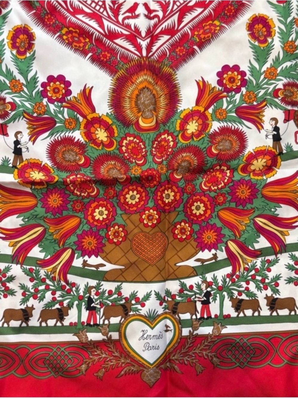 Hermes Floral Basket Silk Scarf in Red, Orange, Green, Pink